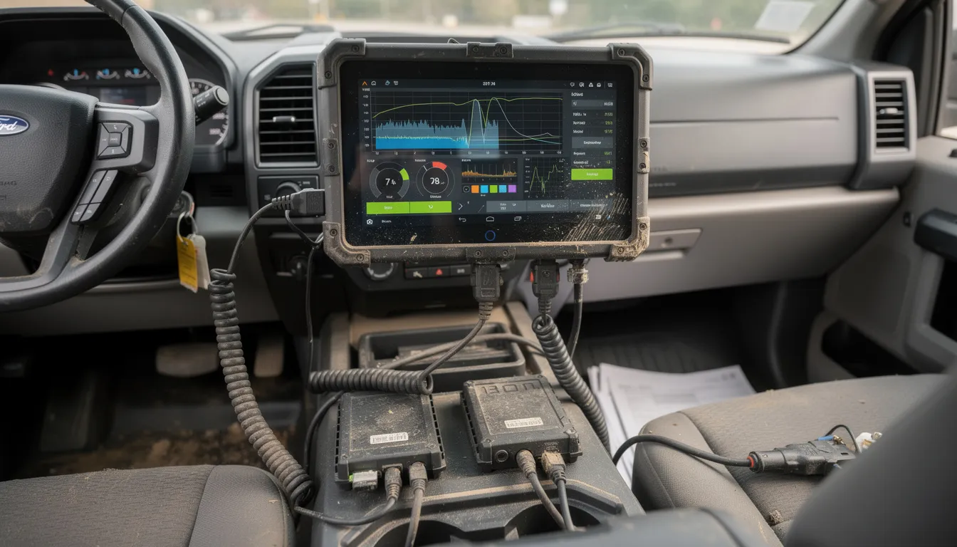 A rugged tablet is mounted in a work truck, with cables connected to diagnostic equipment, showcasing its durability and specialized features designed for demanding environments like construction sites. This setup highlights the tablet's rugged design, ensuring functionality in extreme conditions and direct sunlight while enhancing project management and productivity on the job site.