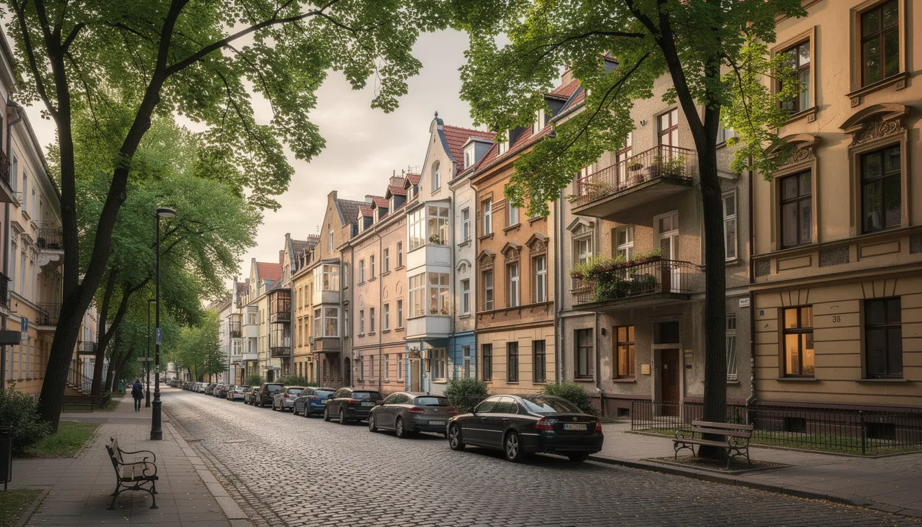 Na obrazie widać spokojną, mieszkalną ulicę w Warszawie, otoczoną historycznymi kamienicami i dojrzałymi drzewami, co tworzy wyjątkowy klimat dzielnicy Żoliborz. Tereny zielone oraz bliskość parków, takich jak park Kaskada, podnoszą jakość życia mieszkańców tej lokalizacji.