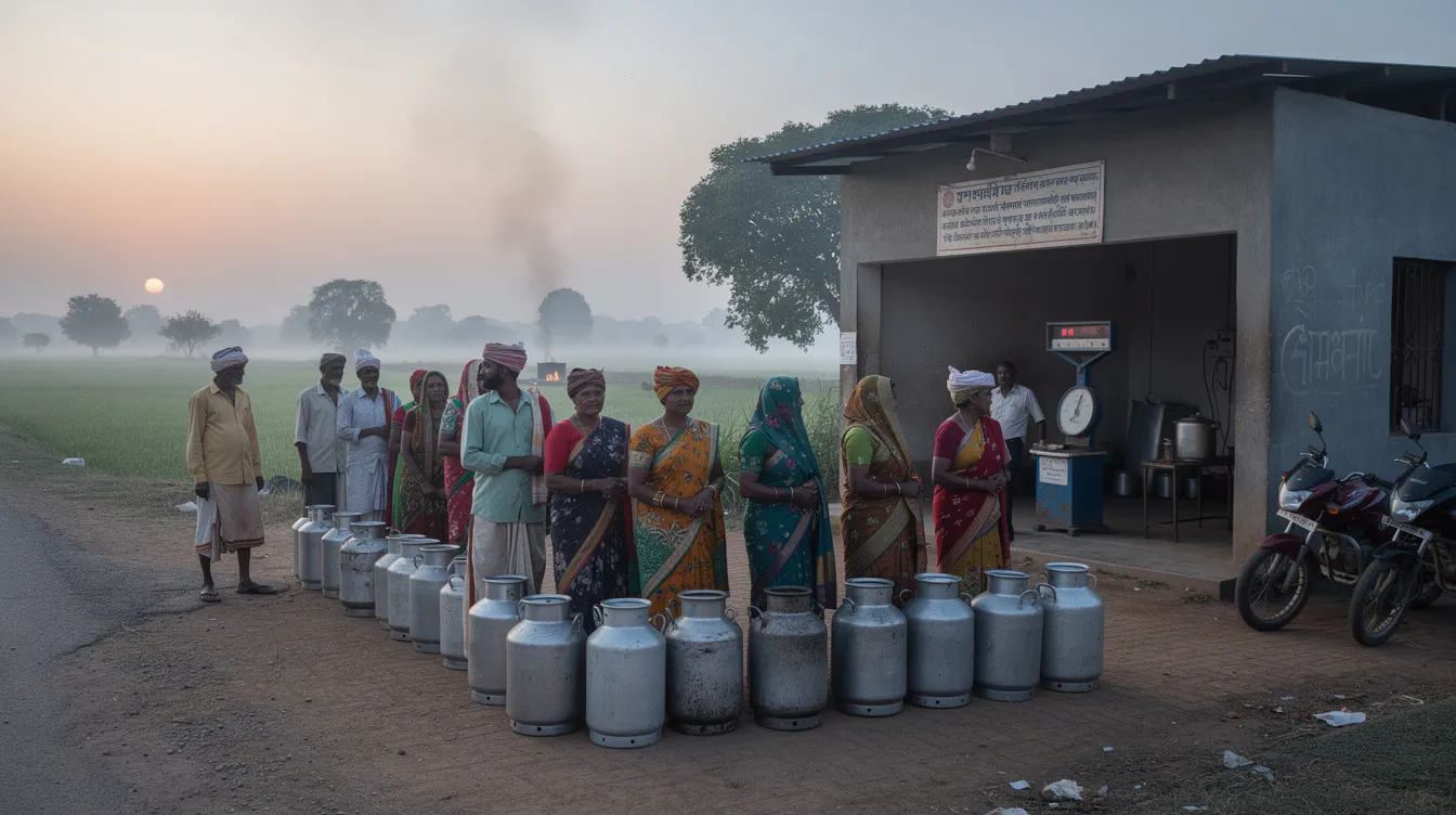 In the early morning light, farmers are lined up at a village milk collection center in India, each holding milk cans filled with fresh milk, showcasing the crucial role of dairy production in their livelihoods. This scene highlights the importance of working capital management in the dairy business, as these farmers contribute to the local economy through milk sales and dairy cooperatives.