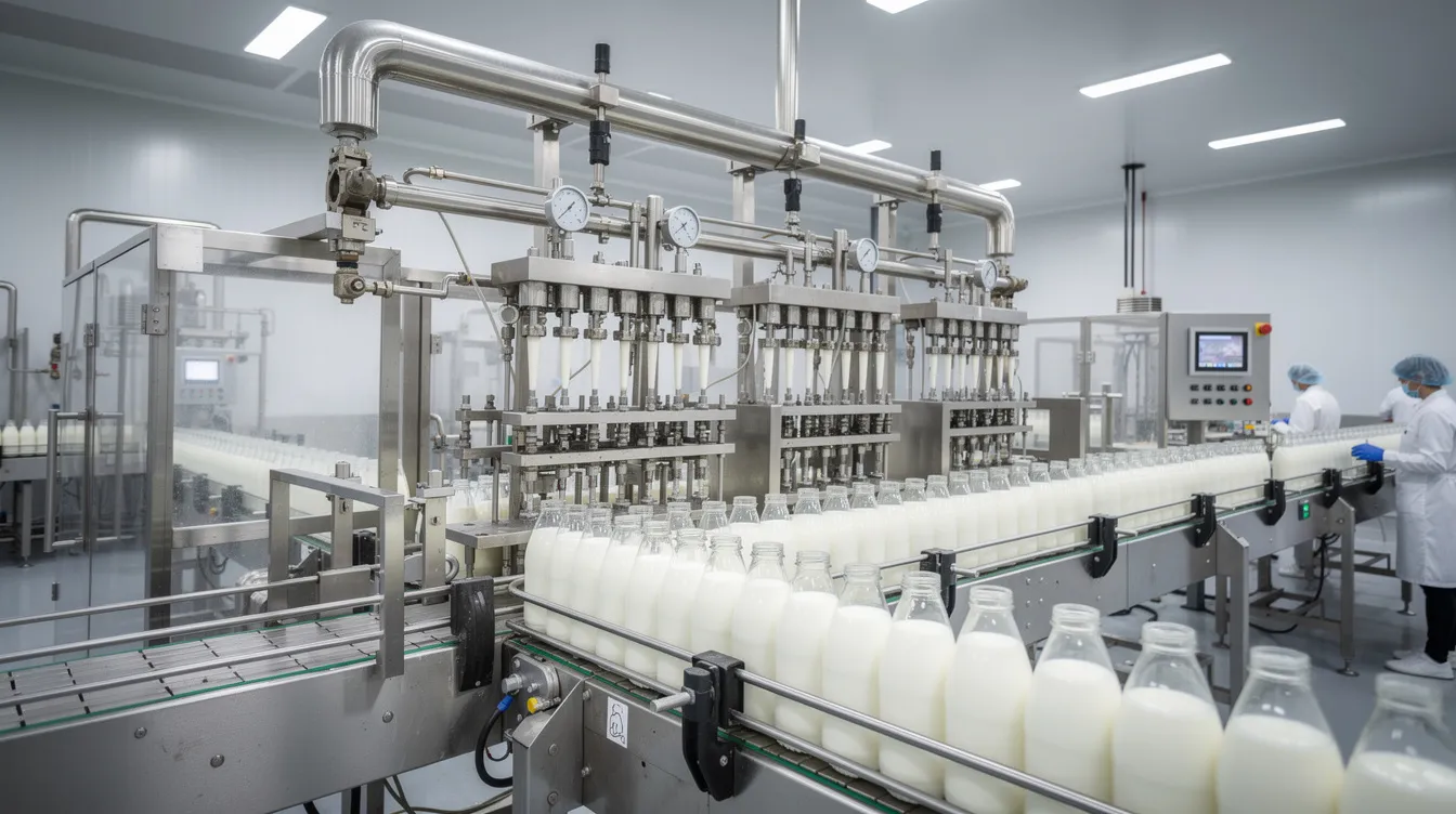15002a13 ec08 4541 9bb5 d4f6c53c4911 The image depicts a modern dairy beverage bottling line featuring a conveyor belt and automated filling machines actively engaged in the manufacturing process. This setup emphasizes efficiency in beverage production, ensuring quality control and compliance with industry standards while catering to stable demand for dairy-based beverages.