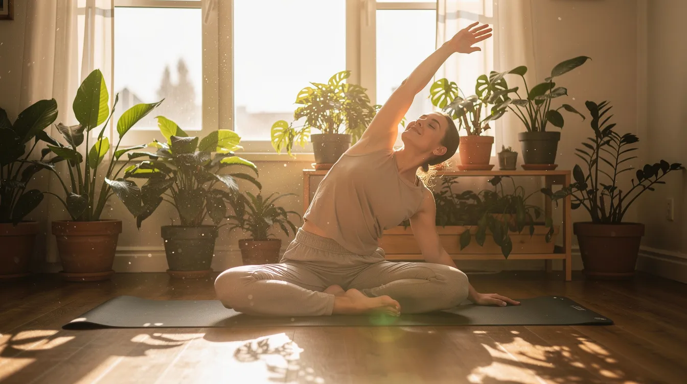 A person is practicing gentle yoga stretches in the warm morning sunlight streaming through a window adorned with lush green plants, creating a serene atmosphere. The scene evokes a sense of relaxation and mindfulness, perfect for those seeking stress relief or exploring natural wellness options like CBD products.