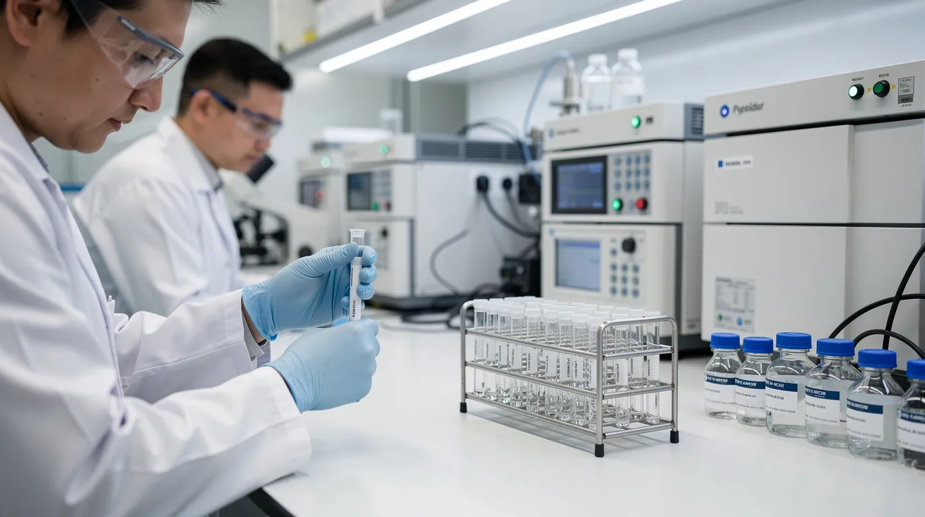 In a clean peptide research lab, researchers are carefully handling small laboratory vials while working beside advanced analytical instruments. The environment emphasizes quality and purity in peptide sciences, showcasing the meticulous nature of scientific research.
