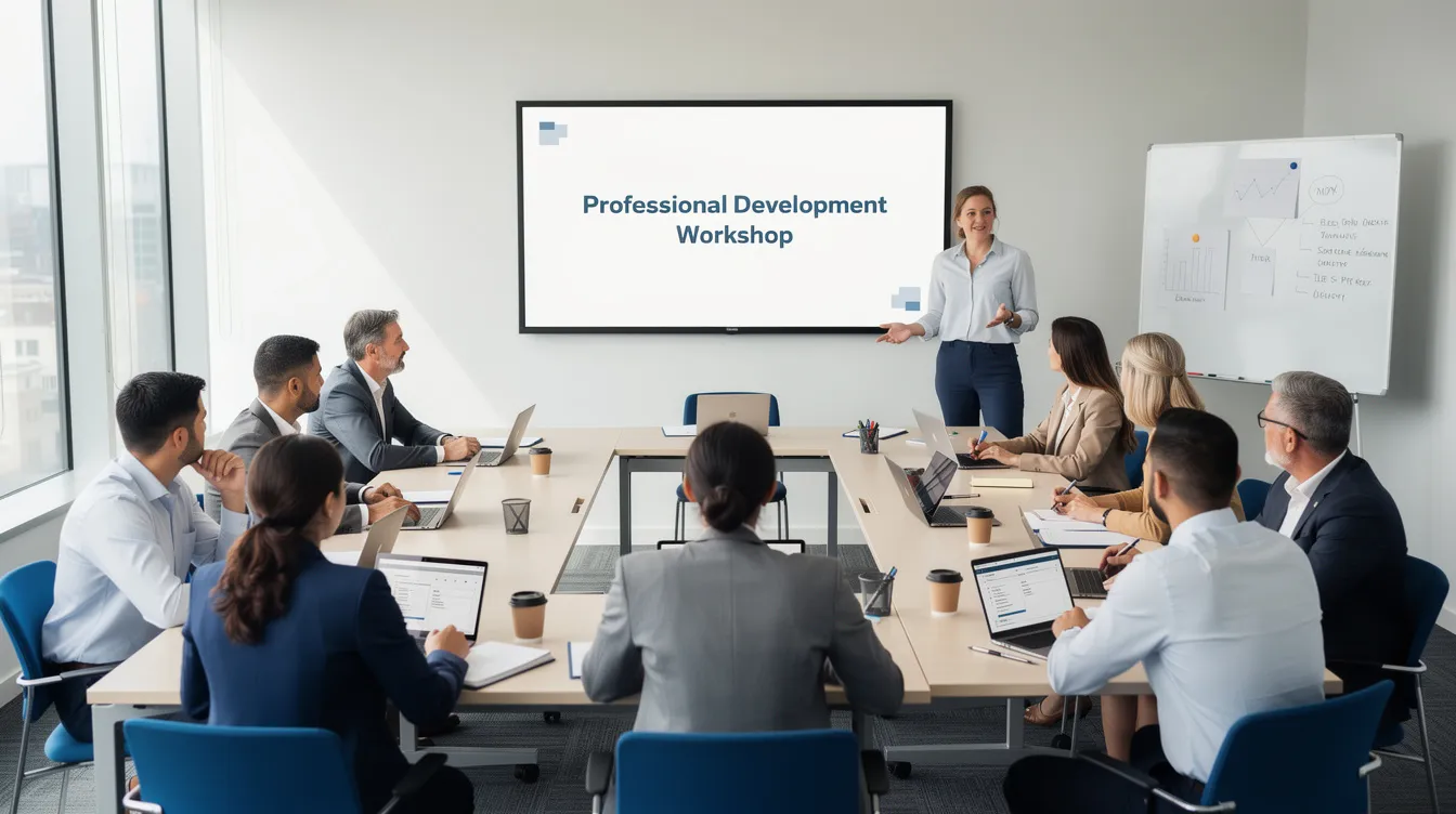 A group of professionals in a training classroom setting, participating in a professional development workshop.