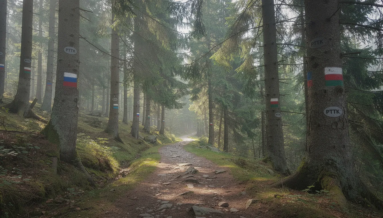 Na zdjęciu widoczny jest górski szlak w lesie iglastym, z oznaczeniami PTTK na drzewach, które ułatwiają turystom odnalezienie właściwej drogi. Kolory szlaków, takie jak czerwony, niebieski i zielony, wskazują na różne trasy turystyczne w polskich górach.