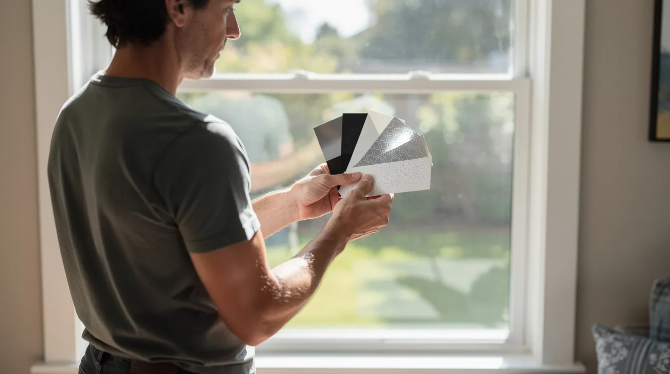 A homeowner is examining various window film sample swatches held up against a sunlit window, considering how each option will enhance their home while benefiting from the ongoing support of a home services franchise. This scene reflects the careful decision-making process involved in home improvement, which is a key aspect of the booming home services industry.