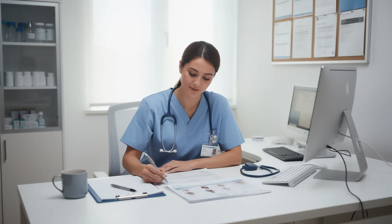 The image shows a nurse or healthcare worker sitting at a desk, carefully reviewing documents related to a workers compensation claim. This scene highlights the importance of accurate information in providing guidance for injured workers navigating their medical treatment and benefits under Colorado workers compensation laws.