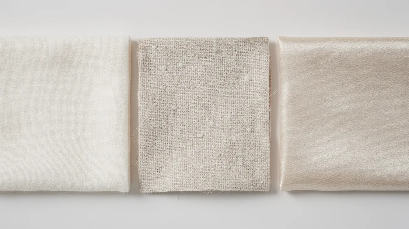 The image displays a close-up view of various fabric textures side by side, featuring swatches of cotton, linen, and bamboo materials. This visual comparison highlights the softness and breathability of these fabrics, which are commonly used in queen size bed sheets and other bedding essentials.