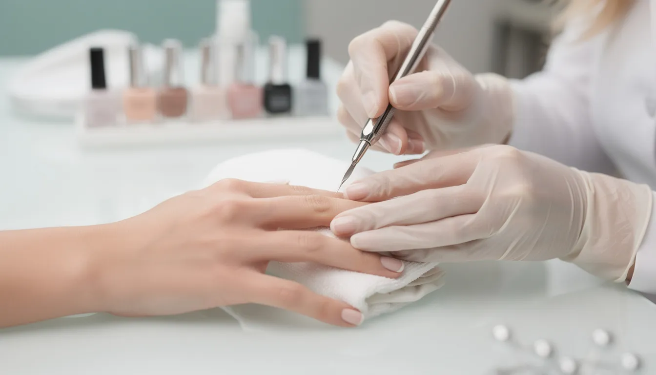Na zdjęciu widoczne są zadbane dłonie kobiety, które są w trakcie profesjonalnego zabiegu manicure. Dłonie są starannie pielęgnowane, a paznokcie mają elegancki kształt, co podkreśla ich zdrowy wygląd.