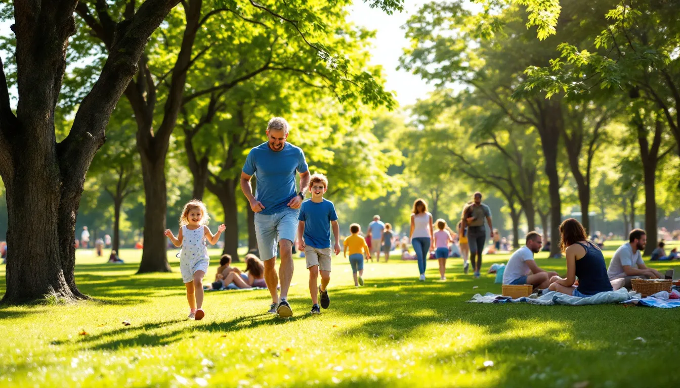 In University Parks, families are enjoying a sunny day, strolling along tree-lined paths surrounded by lush green spaces. The atmosphere is lively, reflecting the rich history and cultural hub of Oxford, near the world-renowned University of Oxford.