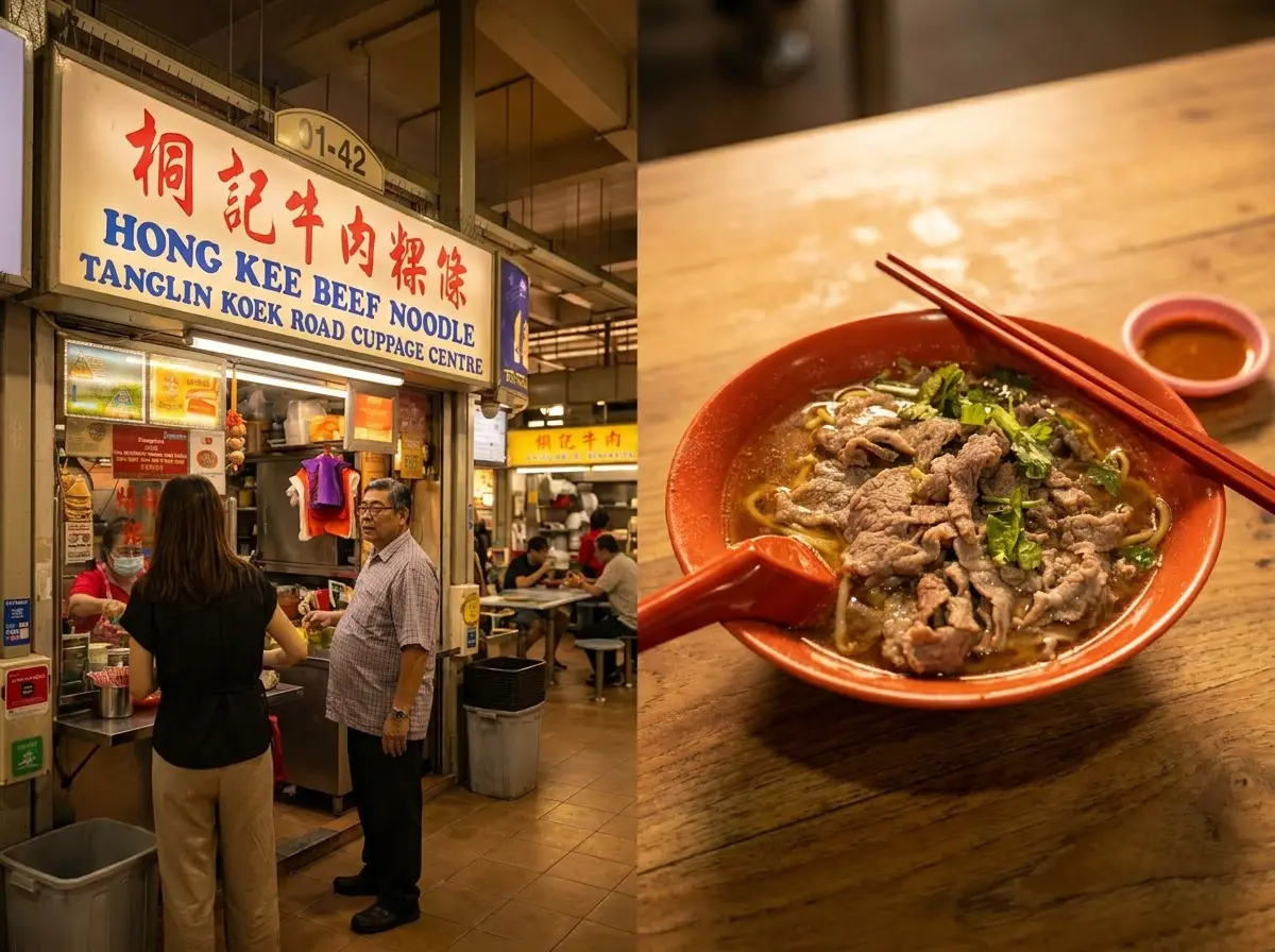 A side-by-side split image showing the "Hong Kee Beef Noodle" hawker stall with customers waiting on the left, and a close-up of a bowl of savory beef noodles topped with sliced beef and cilantro on the right.