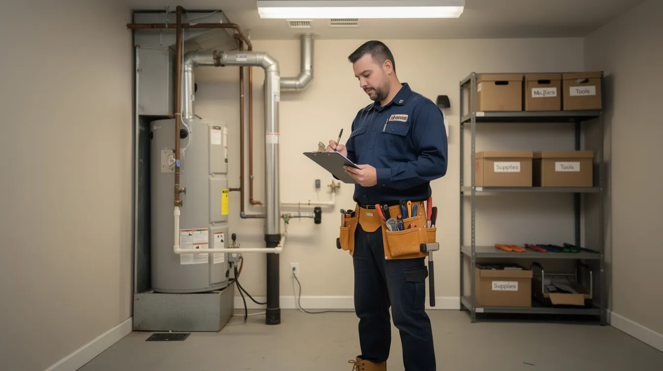 A plumber stands in a residential utility room, diligently writing notes on a clipboard to prepare an accurate plumbing estimate for homeowners. The scene reflects the importance of assessing material costs and labor for plumbing projects, ensuring efficient resolutions to any potential leaks or repairs needed.