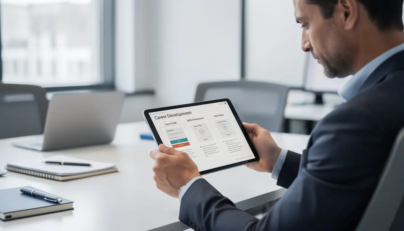 An individual is seated at a desk, intently reviewing a career development plan on a tablet, which includes various digital marketing certifications and courses. The scene highlights the importance of building digital marketing skills and expertise for advancing in a competitive job market.