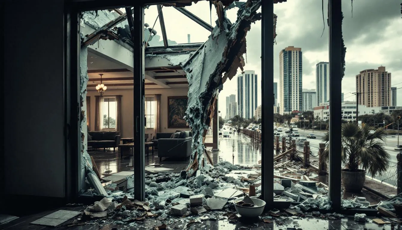 A damaged home showing signs of hurricane impact, emphasizing the need for insurance claims.