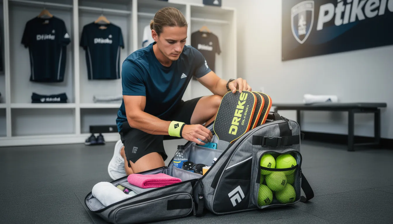A professional pickleball player is seen organizing their essential gear in a specialized pickleball bag, which includes items like pickleball paddles, extra socks, a first aid kit, and healthy snacks. The bag features multiple compartments for easy access to sports drinks, a phone charger, and extra layers, ensuring thoughtful preparation for the upcoming weekend tournament.