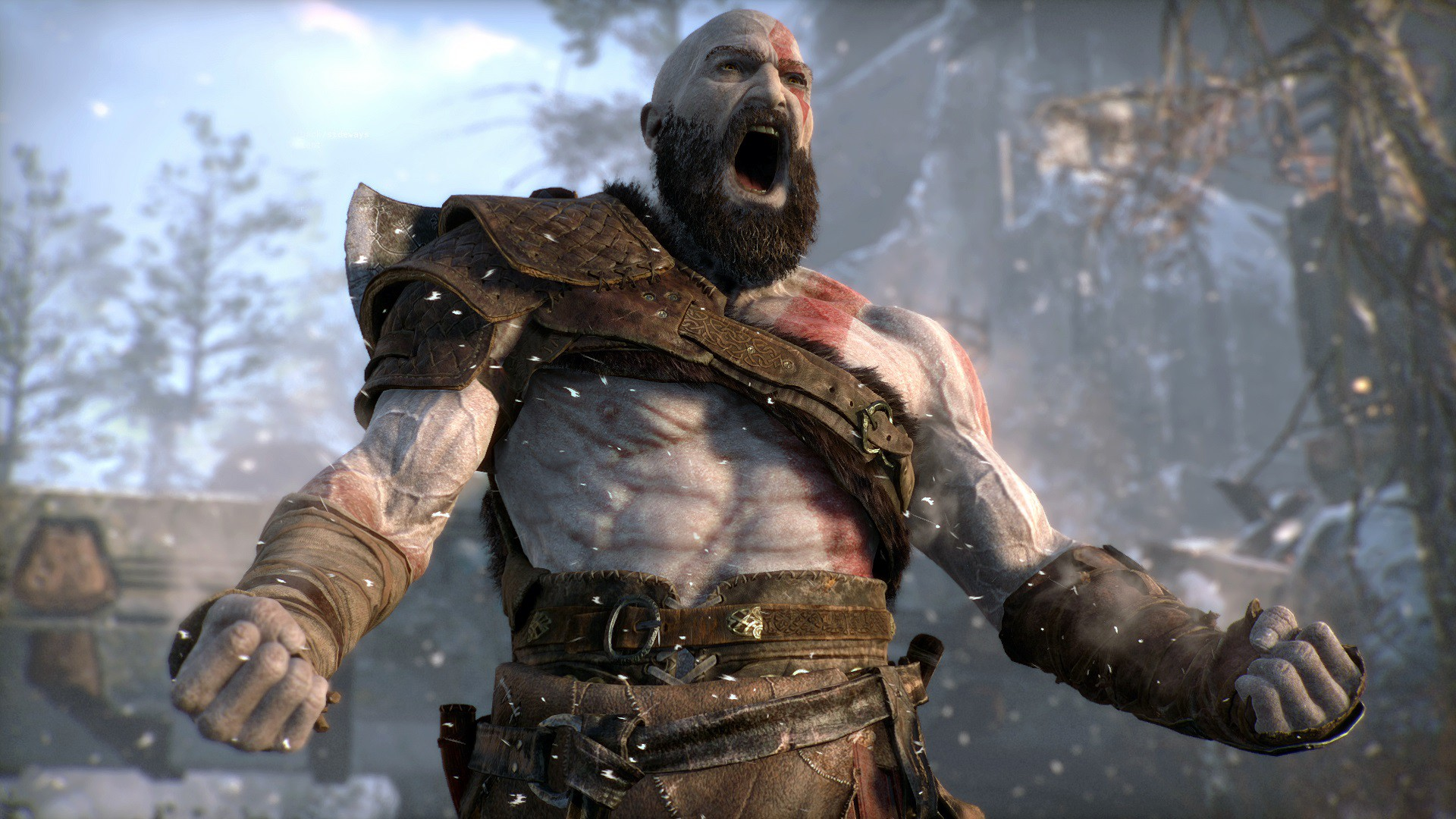 Kratos standing in a power pose looks like he is yelling a battle cry