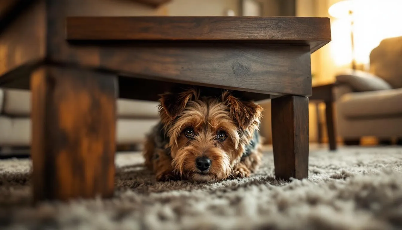 An anxious dog is hiding under a piece of furniture, displaying signs of distress possibly linked to behavioral issues or environmental triggers. This behavior may indicate the dog