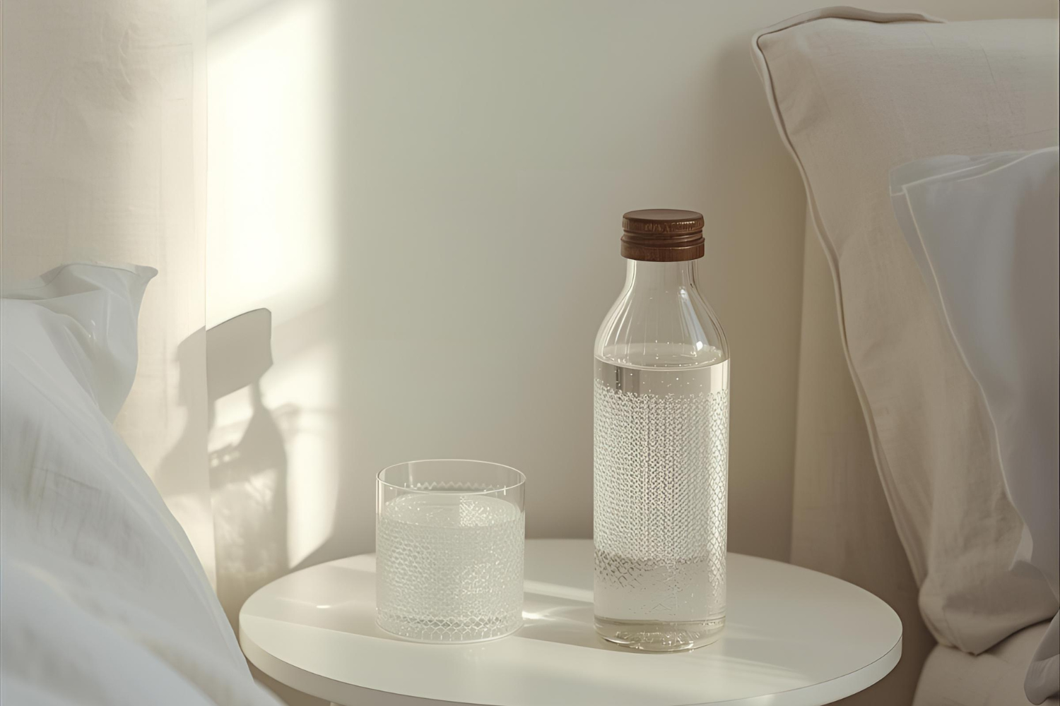 Glass of plain water next to an electrolyte drink on a bedside table.