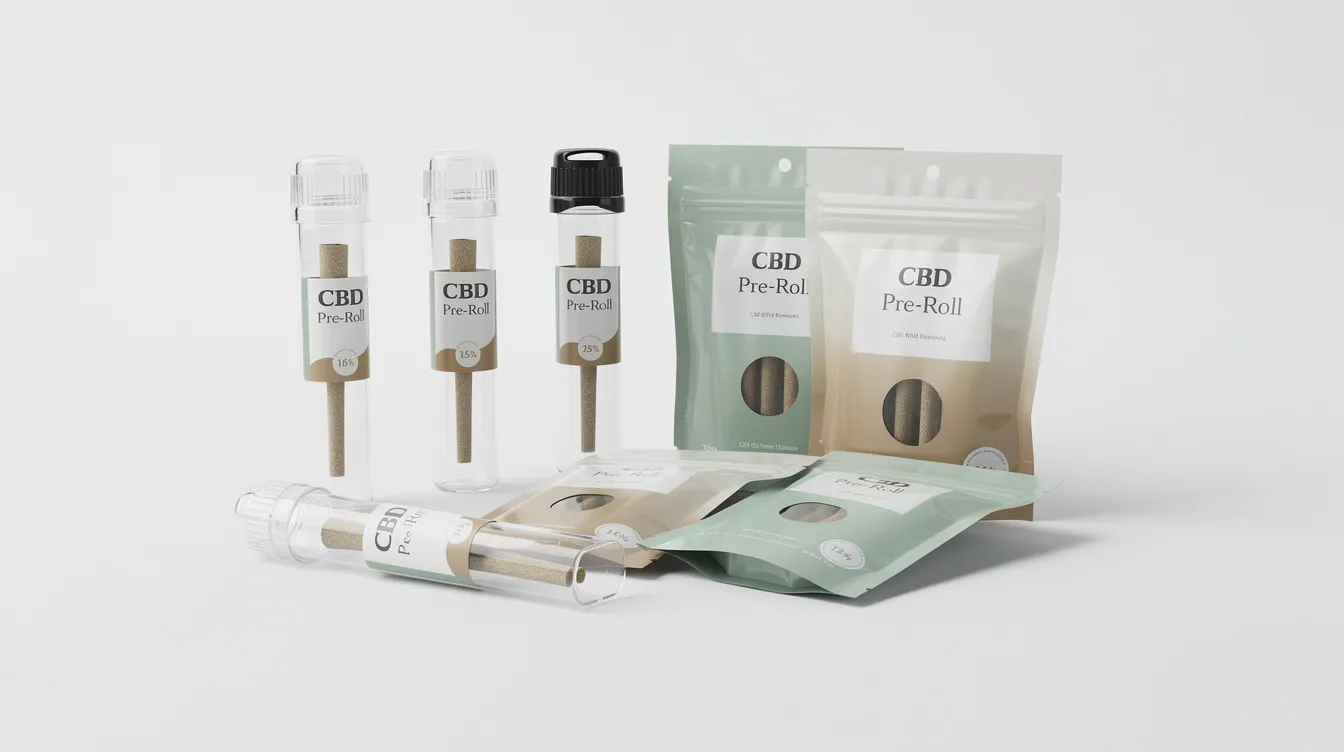 The image showcases a variety of CBD pre-roll packaging, including sleek tubes and sealed bags, all arranged neatly on a clean white surface. These packages contain pre rolled joints made from high-quality hemp flower, emphasizing a focus on organic hemp paper and lab tested products for optimal quality and safety.
