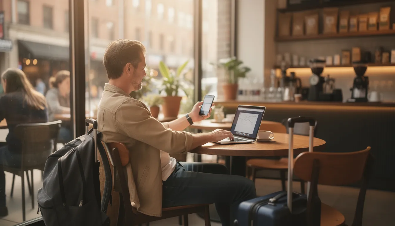 A relaxed traveler sits in a cozy café, using a laptop and smartphone, likely taking advantage of a reliable mobile data plan or saily esim service to stay connected while enjoying their coffee. The ambiance suggests a perfect spot for digital nomads to work or stream videos effortlessly.