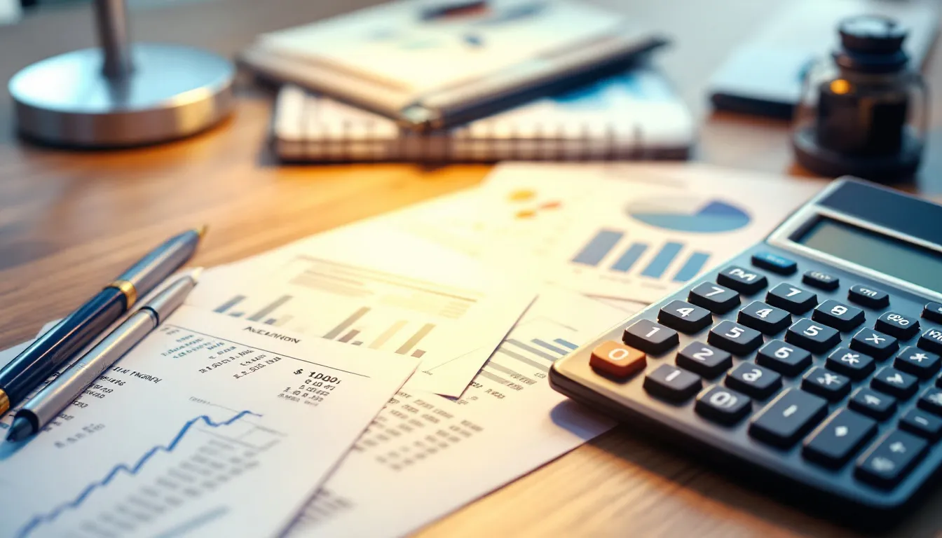 Een moderne calculator ligt op een bureau, omringd door financiële documenten zoals belastingformulieren en een bedrijfsstructuuroverzicht. Deze opstelling symboliseert de administratieve taken van een limited liability company (LLC) en de zorgvuldige planning die nodig is voor de bescherming van persoonlijke activa.