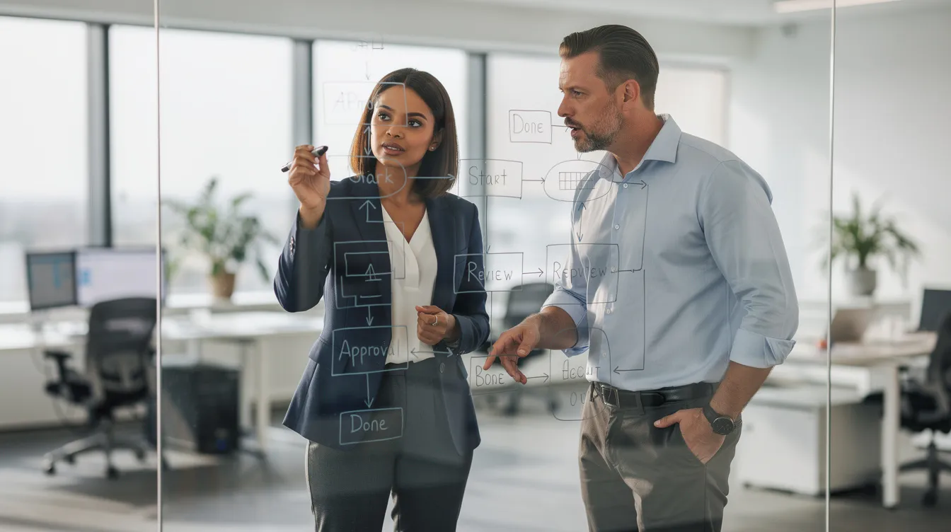 Two professionals are engaged in a discussion while examining a workflow diagram on a glass whiteboard in a office environment, highlighting their focus on improving organizational performance and aligning training programs with business objectives. This setting reflects a commitment to continuous learning and effective training strategies for employee development.