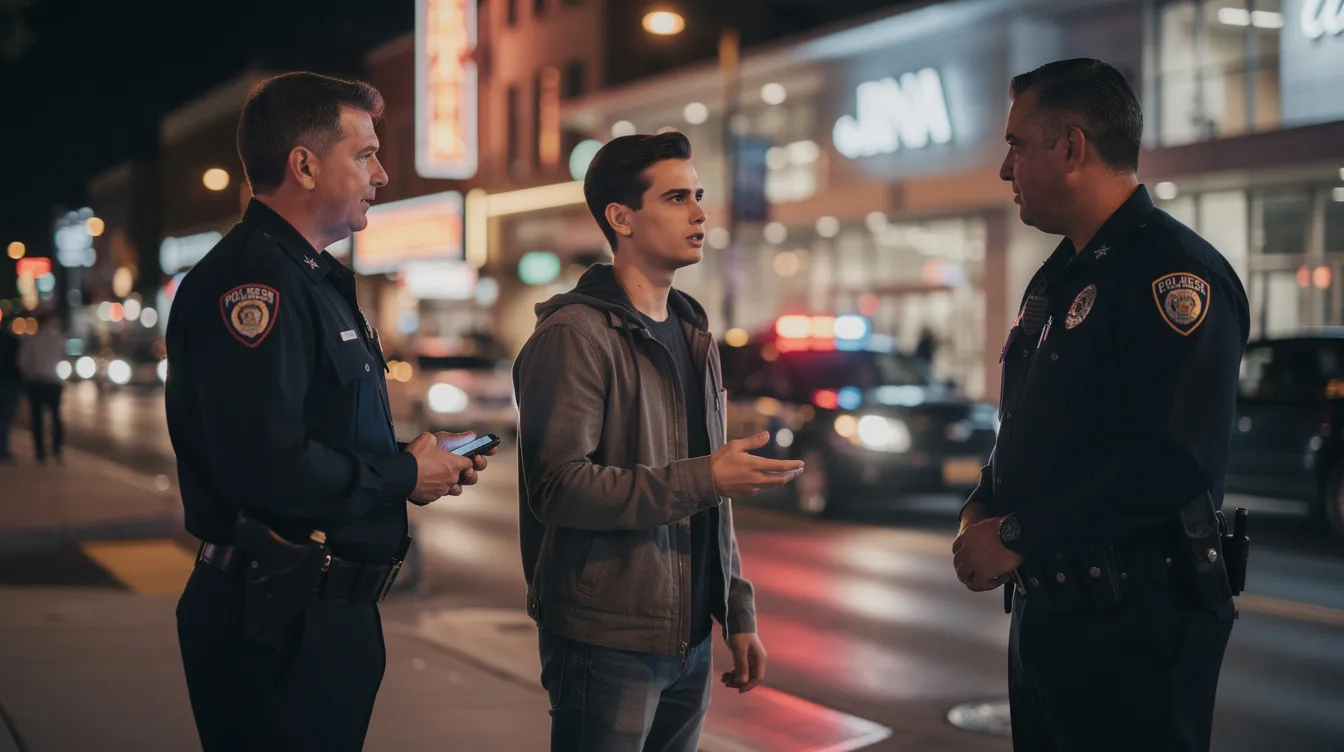The image depicts a calm and composed individual being approached by police officers in a recognizable Nashville setting, such as downtown near the courthouse. The scene conveys a sense of professionalism and reassurance, with subtle cues of legal support visible in the background, emphasizing the importance of having experienced criminal defense lawyers during a difficult time.