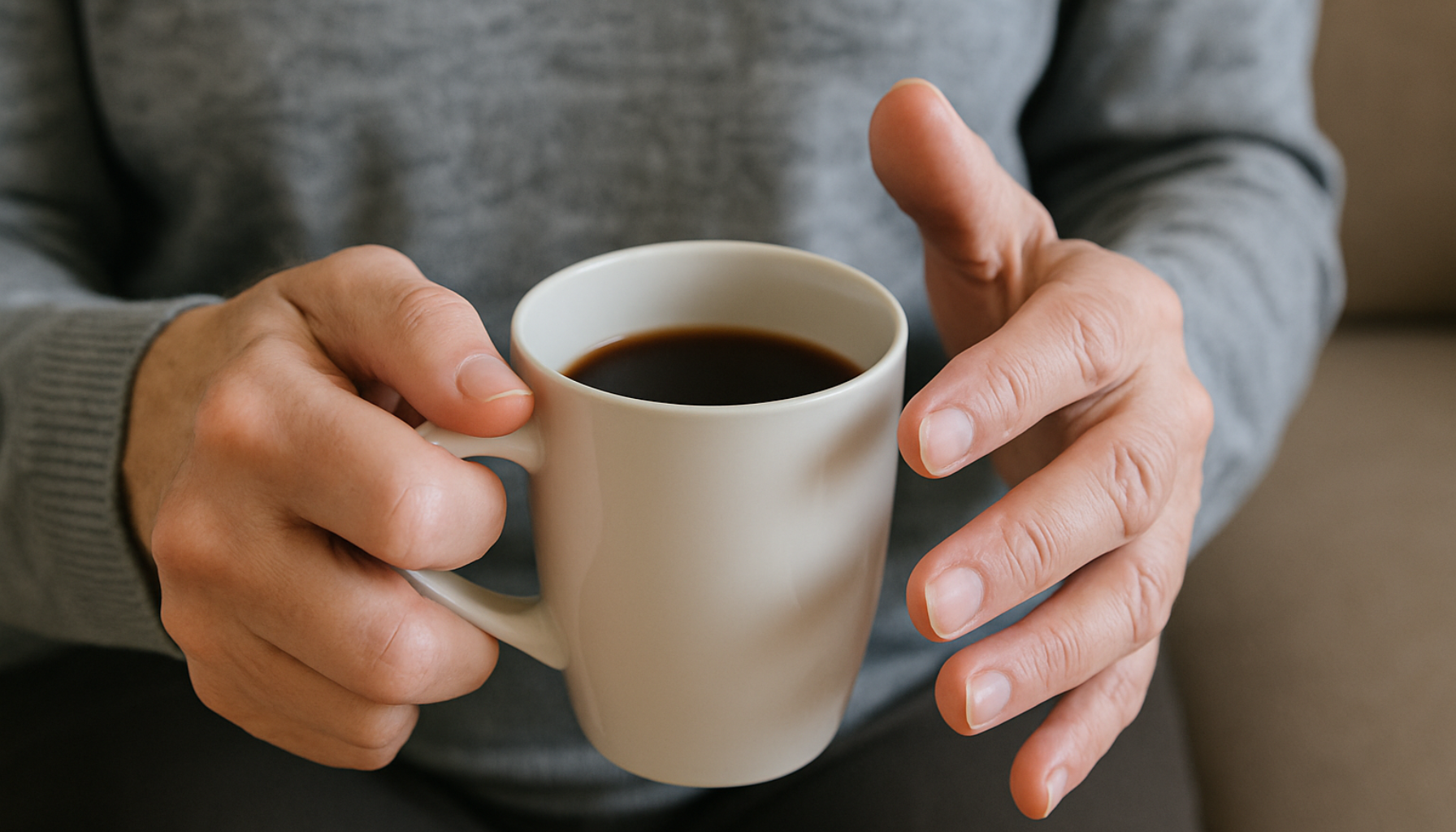 Eldre hender skjelver mens de holder en kopp med varm drikke – illustrerer tremor i hverdagen.
