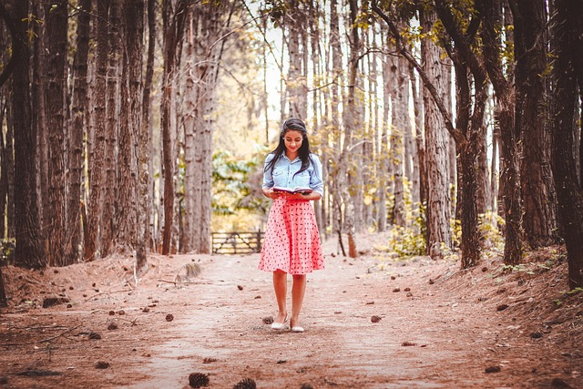 woman, trees, book