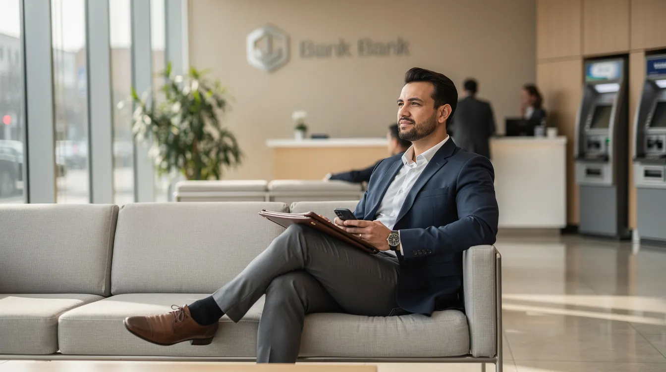151722c8 04fc 44b6 b499 a322fc8afaa1 The image shows a calm entrepreneur sitting in a bank branch's waiting area, likely contemplating their options for financial assistance, such as applying for a mudra loan to support their micro enterprise. The atmosphere is serene, reflecting the entrepreneur's focus on their business plan and credit needs.