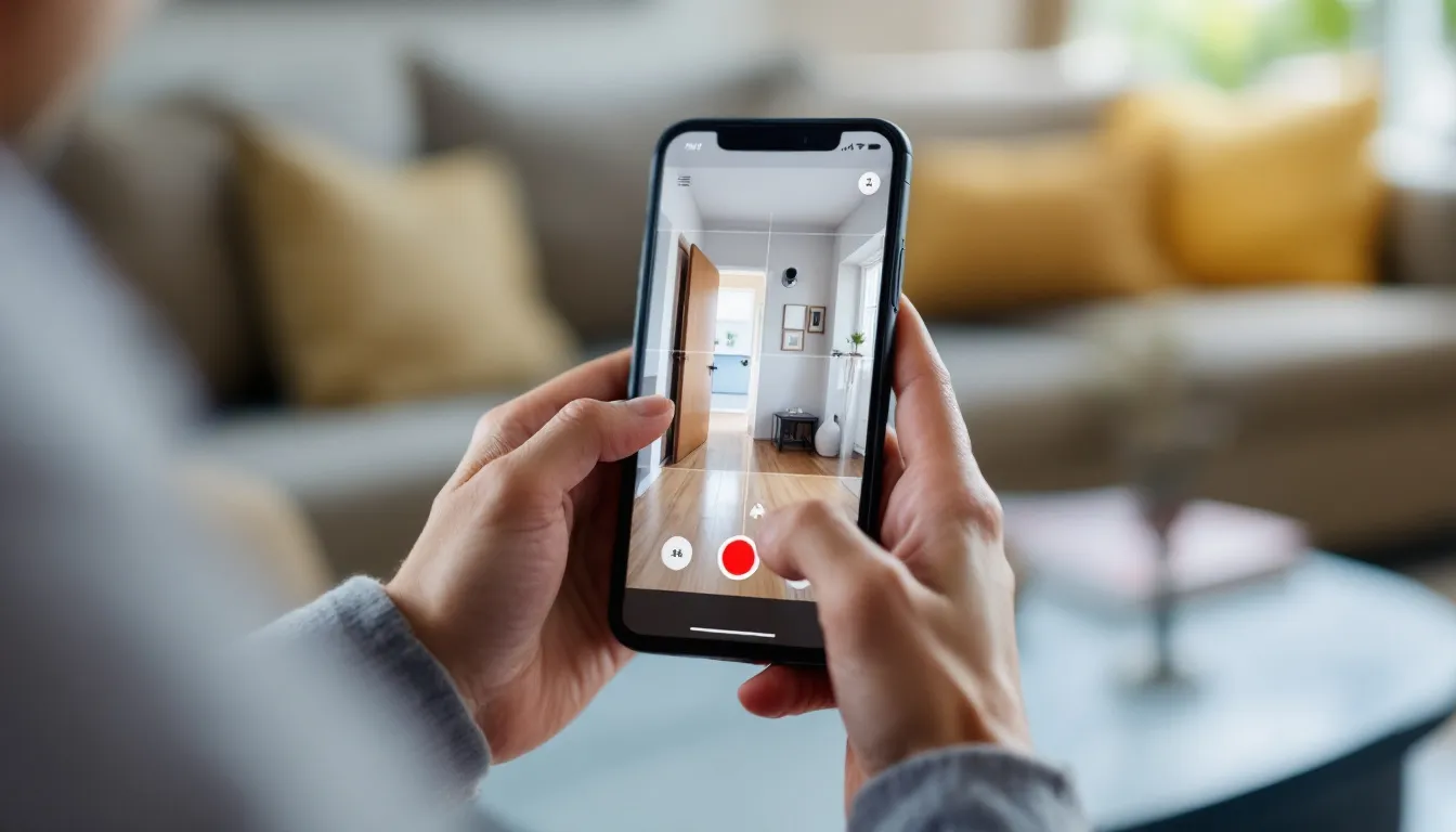 A close-up image shows hands holding a smartphone, actively monitoring a smart home security system. This device is part of the Verizon home device protect service, providing users with digital security tools to enhance their home tech experience.