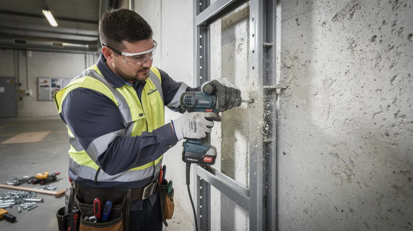 A technician is using a power drill to secure a locker frame to a concrete wall, demonstrating part of the smart locker installation process. This step is crucial for ensuring reliable security and optimal performance of the smart lockers, which often feature keyless entry and enhanced security capabilities.