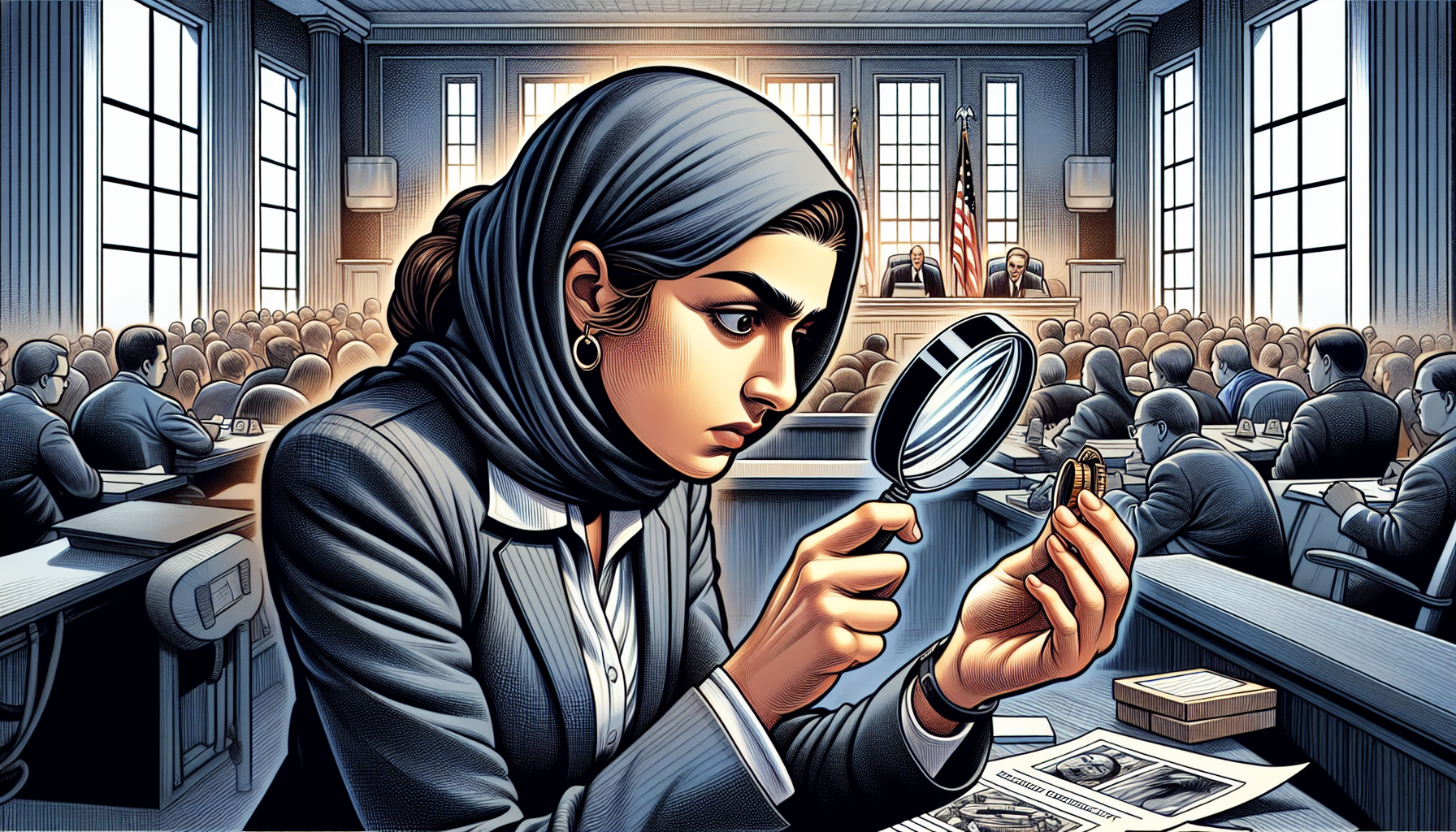 Illustration of a defense attorney examining evidence in court