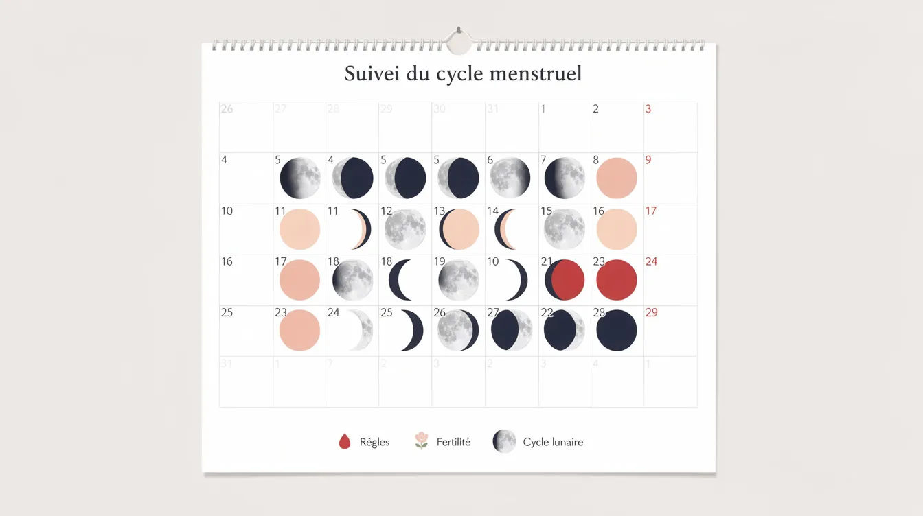 L'image montre un calendrier illustré avec les différentes phases de la lune, symbolisant le suivi du cycle menstruel des femmes. Ce visuel évoque l'importance de comprendre les symptômes du syndrome prémenstruel, notamment les sautes d'humeur et les douleurs, pour améliorer la qualité de vie.