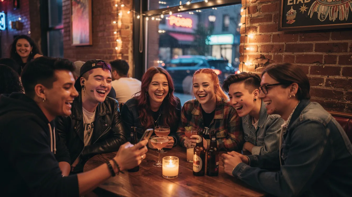 A lively group of Gen Z friends is enjoying a night out at a cocktail bar in Williamsburg, Brooklyn, filled with laughter and conversation. The atmosphere features a bustling dance floor, signature cocktails being served, and a disco ball reflecting colorful lights, creating a vibrant space for new friends to connect.