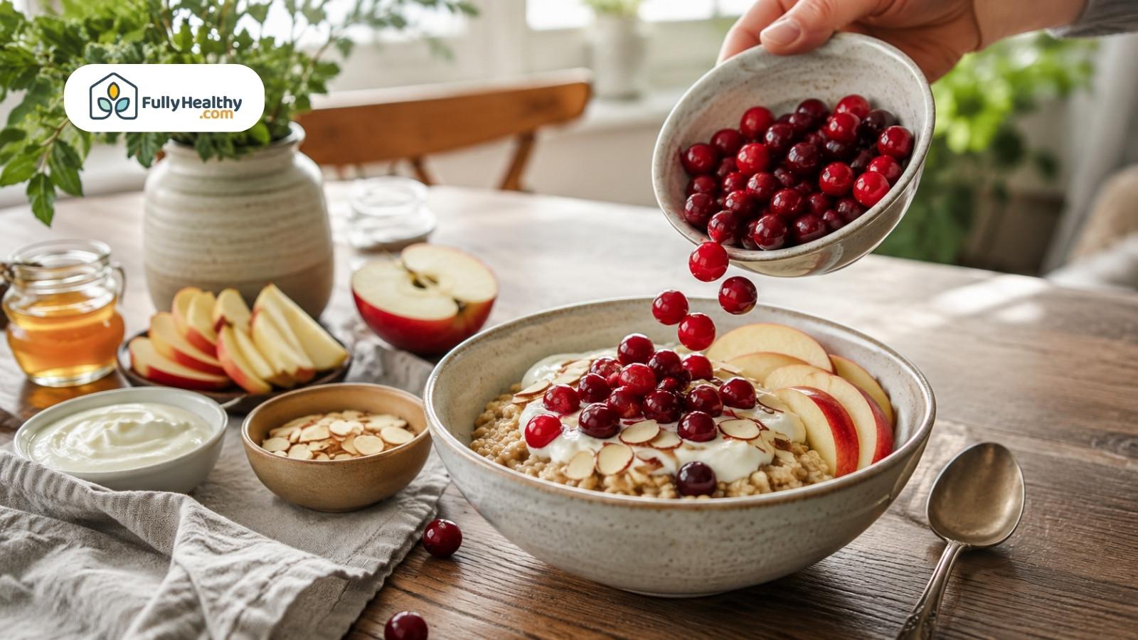 Fresh cranberries poured over oatmeal with yogurt, apples, almonds, and honey