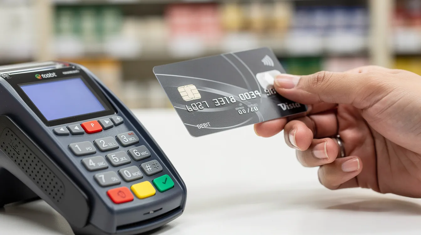 A hand is shown holding an opay debit card close to a point-of-sale terminal in a retail shop, ready to complete a transaction. This image illustrates the use of modern payment methods, highlighting the convenience of using an opay account for shopping.