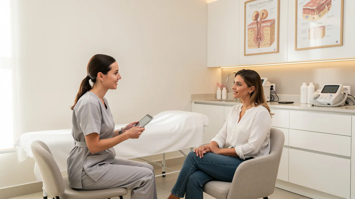The image depicts a modern medspa consultation room where a professional provider is discussing a personalized treatment plan with a client. The clean, clinical setting reflects a focus on non-surgical body contouring options, emphasizing natural-looking results and the importance of achieving optimal results through non-surgical enhancements.