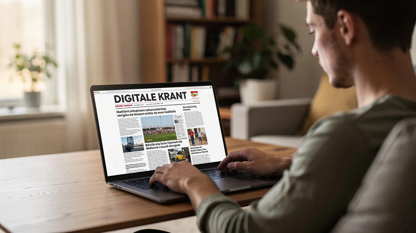 Een persoon zit achter een laptop en leest digitale kranten, waarbij hij toegang heeft tot waardevolle informatie en artikelen. De gebruiker lijkt gebruik te maken van een webbrowser zoals Google Chrome of Microsoft Edge om gratis artikelen te verkennen.