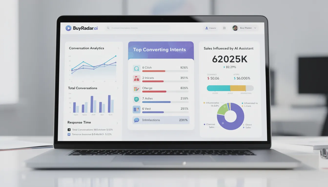 The image depicts the BuyRadar.ai dashboard, showcasing conversation analytics, top converting intents, and sales data influenced by an AI shopping assistant. This interface highlights key benefits of using virtual shopping assistants, emphasizing customer engagement and personalized shopping experiences for online retailers.