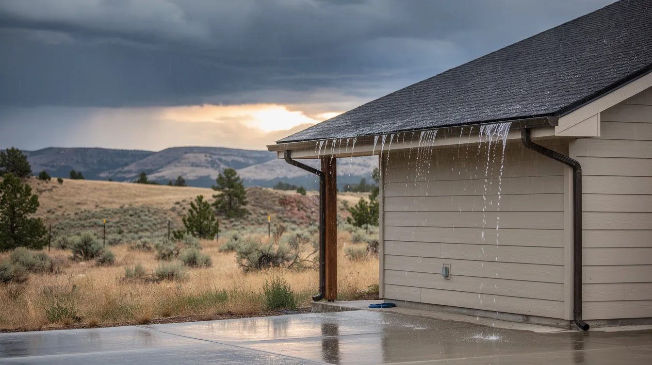 A residential home in a semi-arid Colorado landscape is depicted during a summer rainstorm, with rain pouring off the roof into the gutters, showcasing the importance of proper drainage and routine maintenance to prevent water damage. The scene emphasizes the need for professional gutter cleaning services to protect the property from costly repairs and ensure efficient gutter systems.
