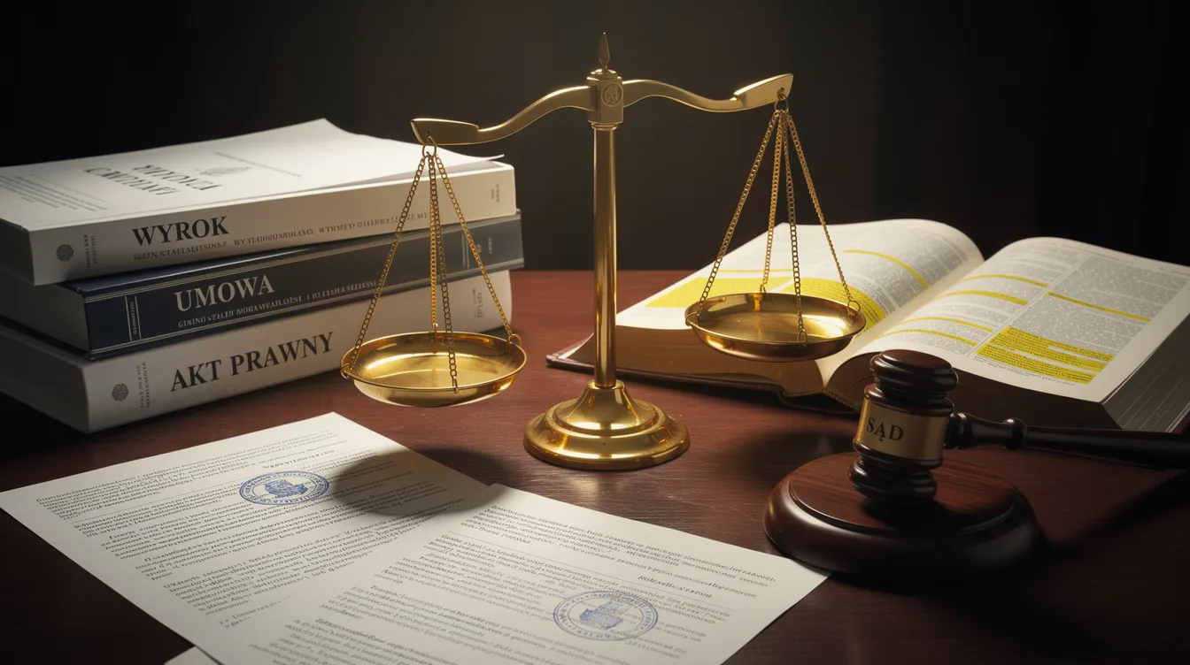 Na obrazku widoczna jest waga sprawiedliwości, symbolizująca równowagę w prawie, obok której leżą dokumenty prawne dotyczące obowiązku alimentacyjnego. W kontekście alimentów na dziecko, ilustracja może odnosić się do kwestii związanych z świadczeniami alimentacyjnymi względem dziecka oraz obliczaniem wysokości alimentów.