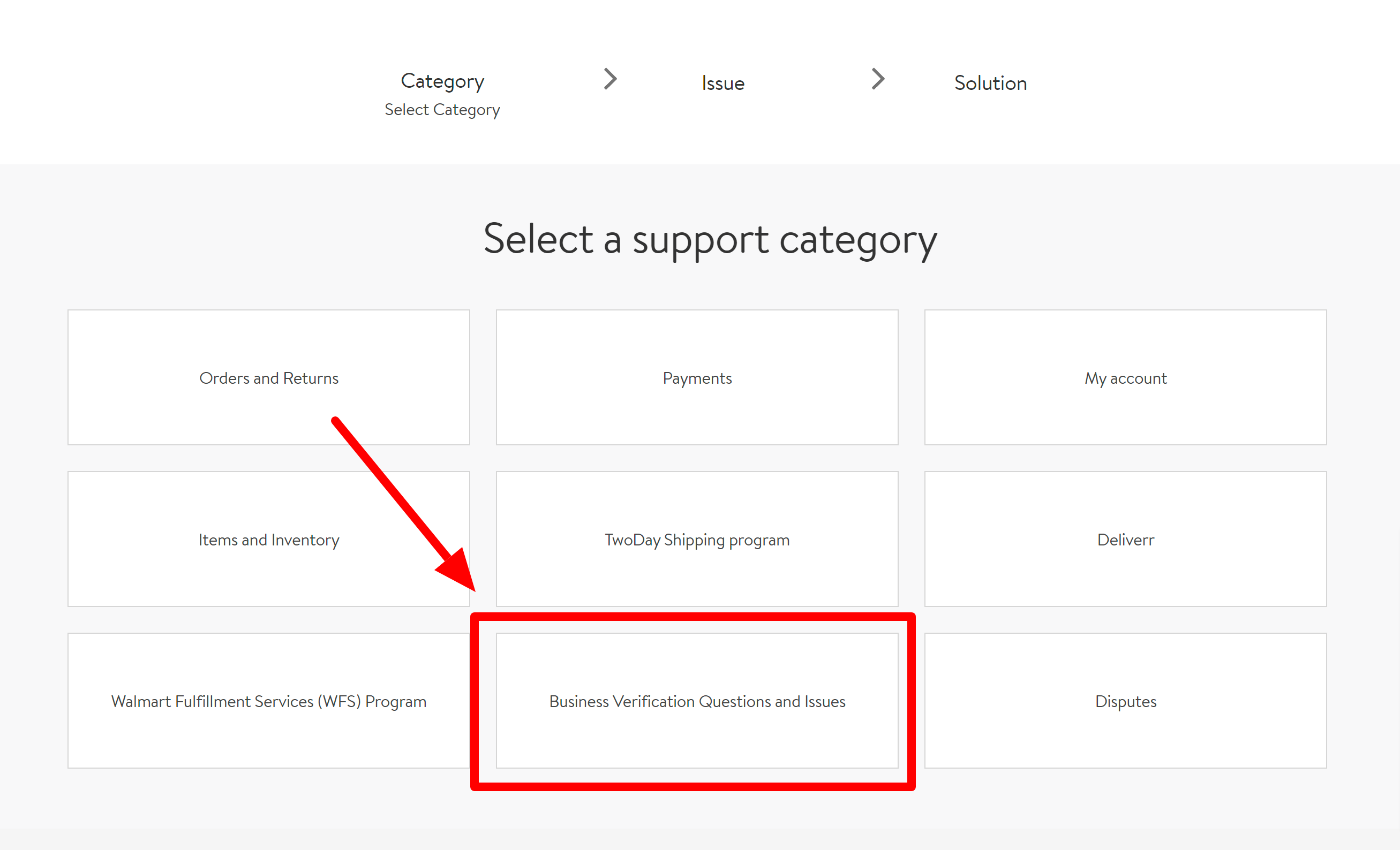 select a support category- business verification questions and issues