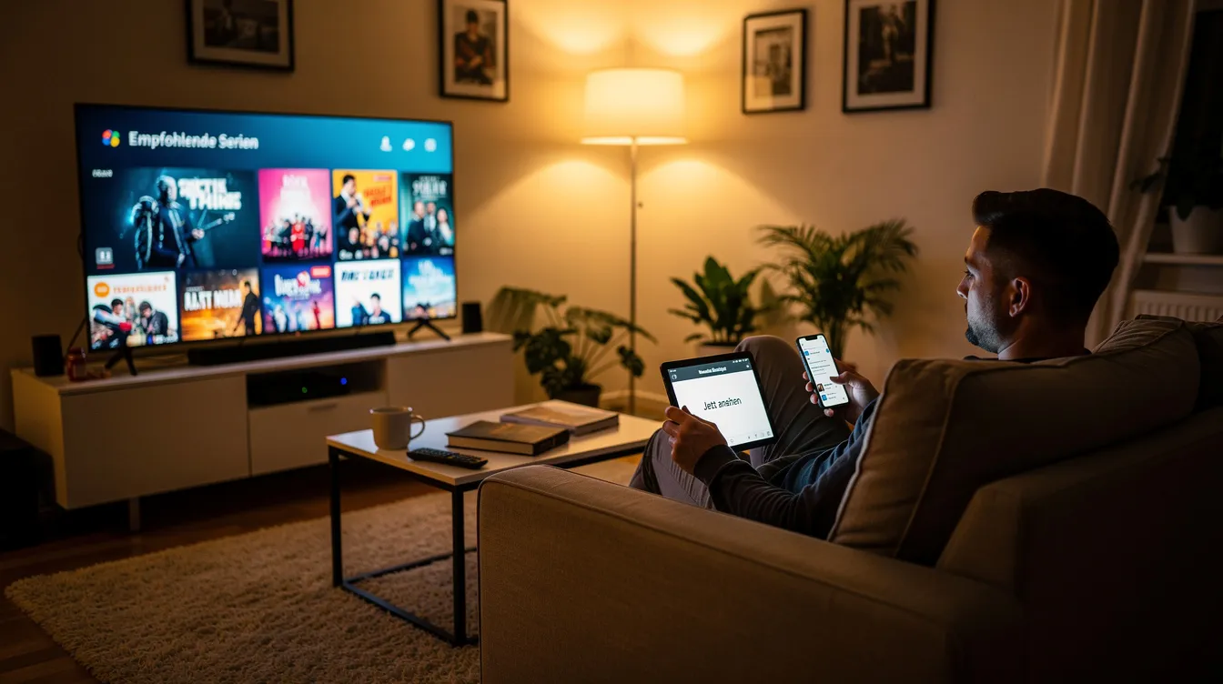 Eine Person sitzt in einem gemütlichen Wohnzimmer, umgeben von warmem Licht, während sie Inhalte auf einem großen Fernseher, einem Tablet auf dem Schoß und einem Smartphone in der Hand streamt. Alle Bildschirme leuchten in verschiedenen Farben und bieten eine Vielzahl von Medien, die die Zuschauer gleichzeitig ansprechen.