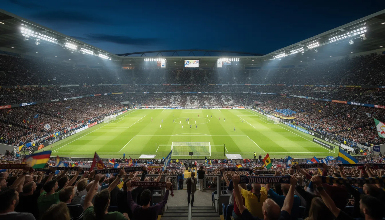 En fotbollsstadion med fullsatta läktare under en kvällsmatch, där fansen hejar och skapar en intensiv atmosfär. Det är en livlig scen med ljus från stadion och ljudet av jubel som fyller luften.