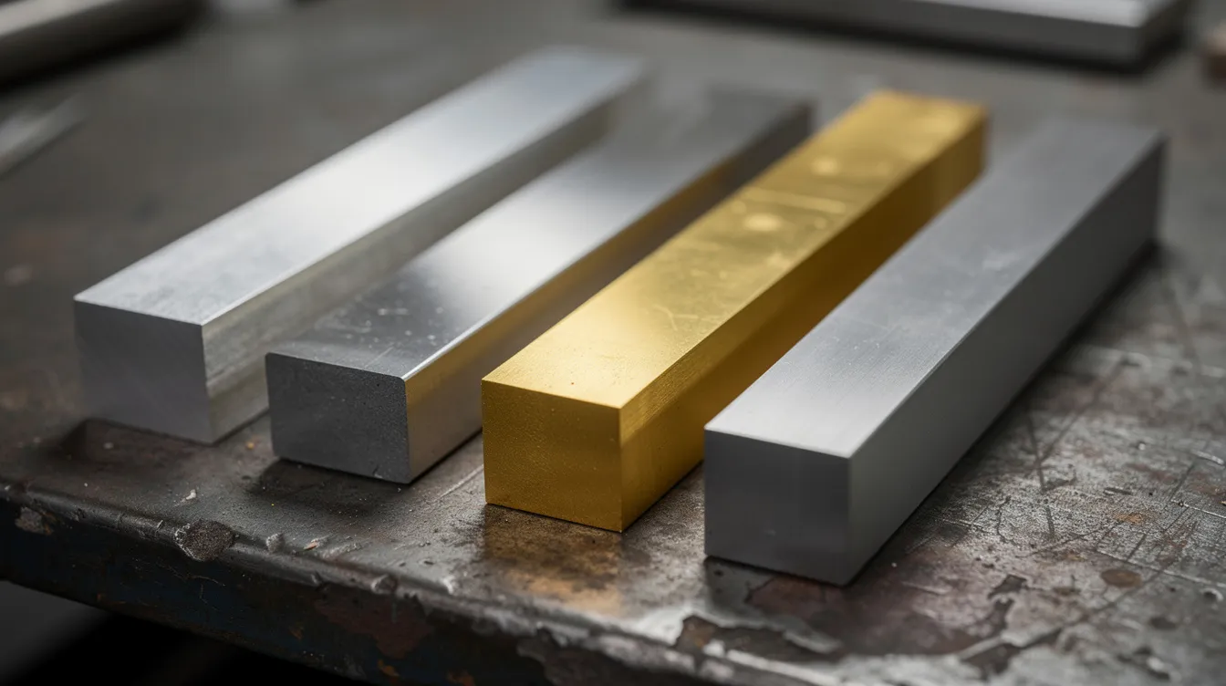 A close-up photograph showcases an assortment of raw metal bars and blocks, including aluminum, stainless steel, brass, and titanium, neatly arranged on a workshop table, highlighting the materials used in precision CNC machining and manufacturing processes. This image reflects the foundation of custom CNC machined parts essential for various industries.