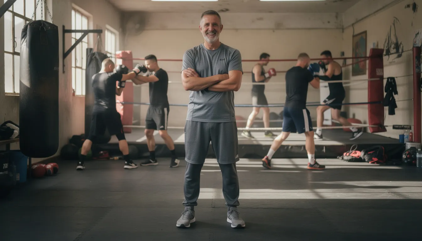 A confident boxing gym owner stands in the foreground, smiling proudly while dressed in casual athletic attire, symbolizing success and relief after securing financing. In the background, energetic fighters train on heavy bags and spar in the ring, capturing the dynamic atmosphere of the gym and the spirit of small business growth.