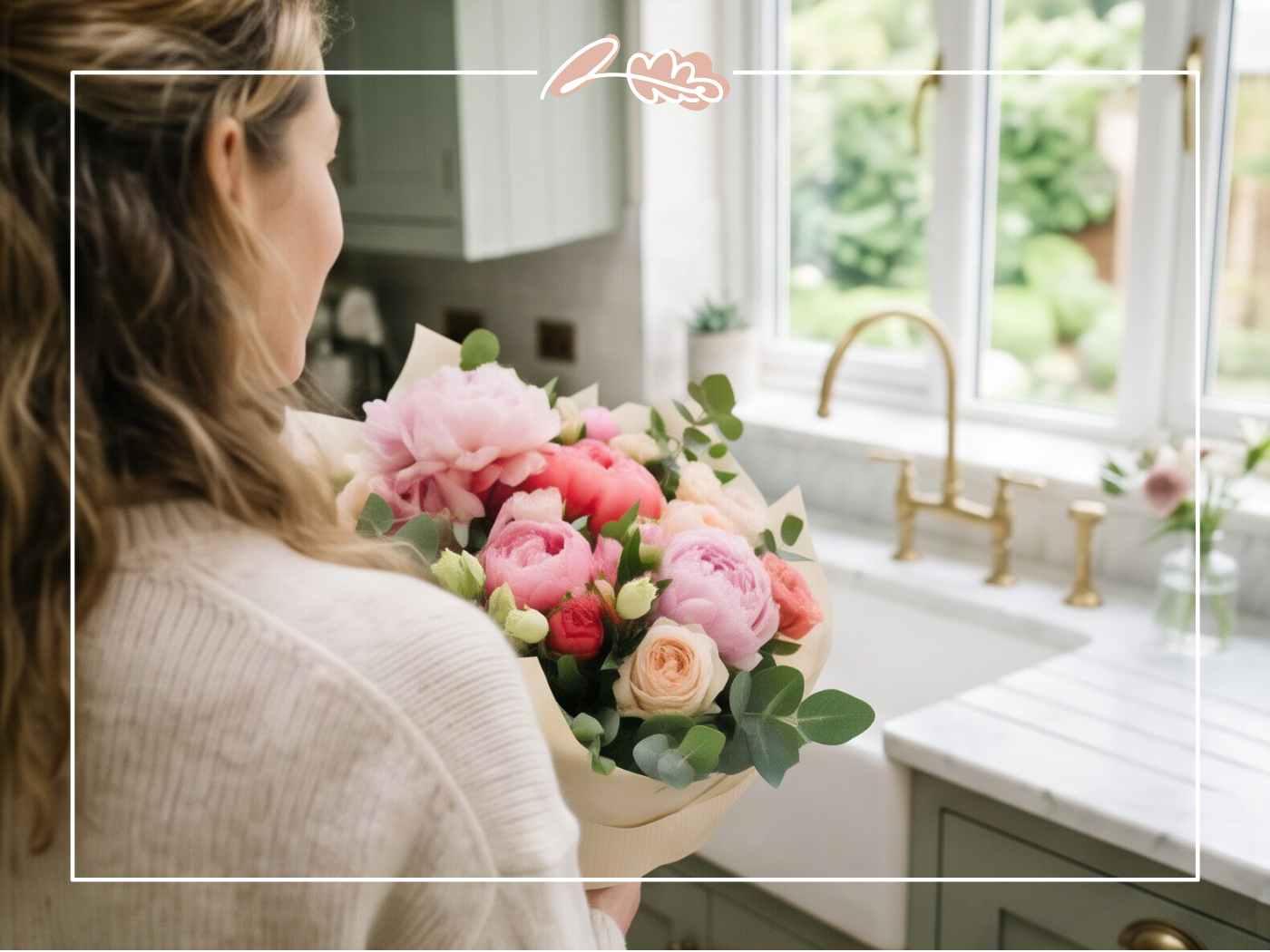 Peonies South Africa bouquet held over the shoulder beside a sunny kitchen window, by Fabulous Flowers Cape Town florist
