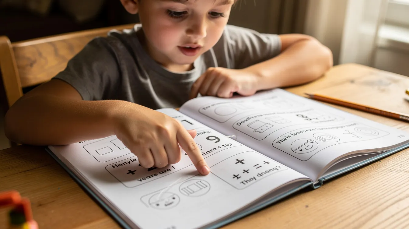 A child sits at a desk, using their finger to trace through homework questions, practicing self-monitoring and checking their work to identify any silly mistakes. This essential skill helps kids learn to focus and develop greater self-control while completing everyday tasks in the classroom.