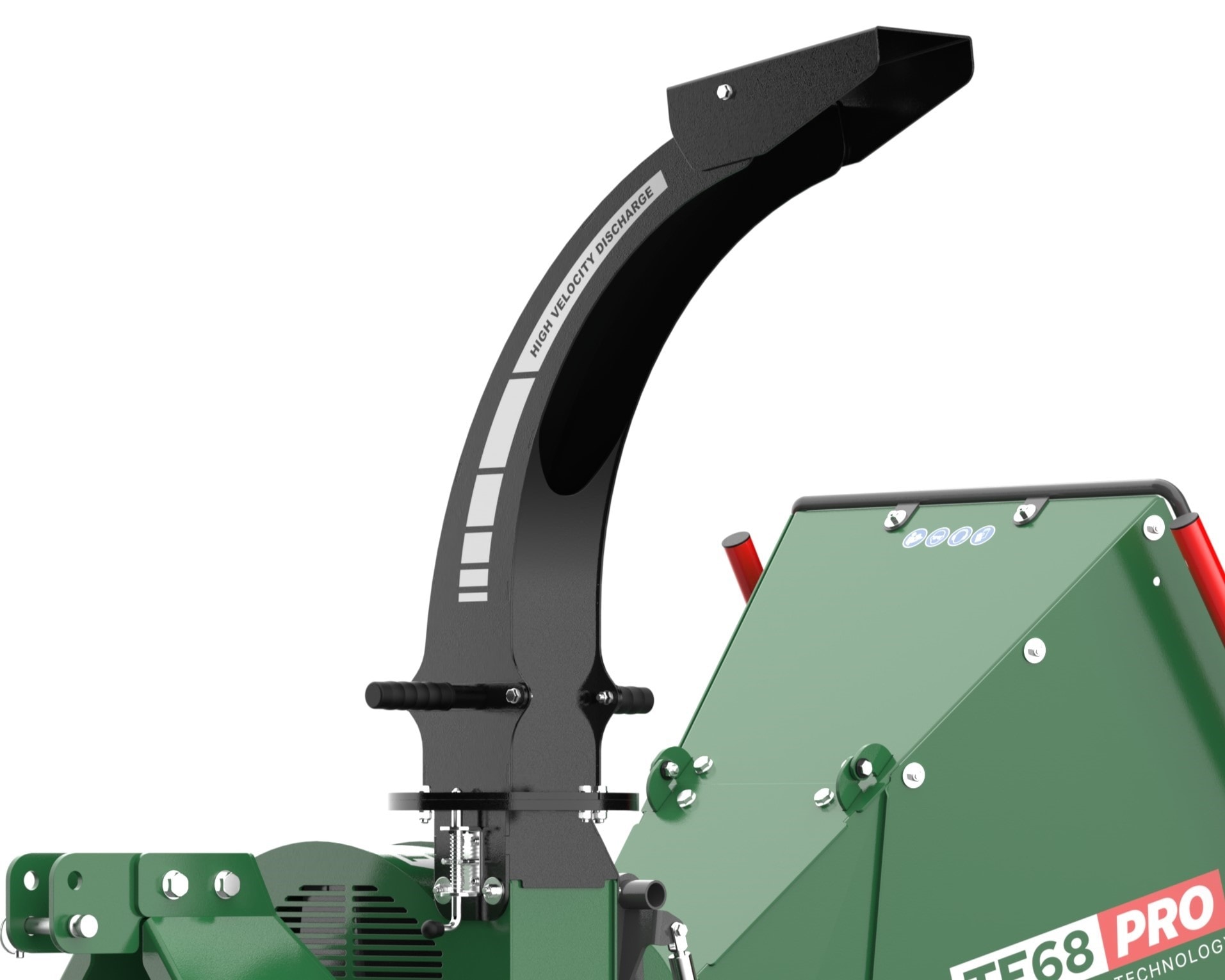The discharge chute for a Woodland Mills wood chipper.