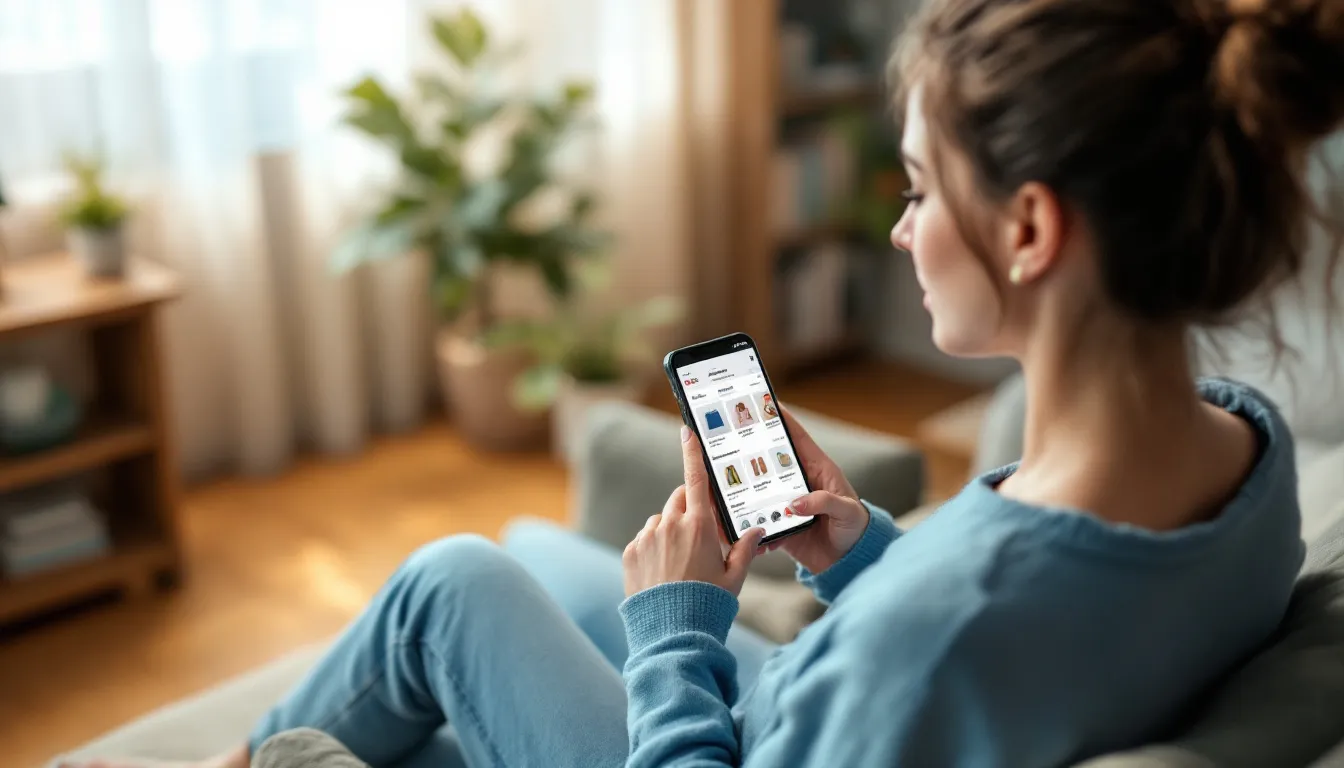 A person is using a smartphone to browse an online marketplace, exploring various product listings and searching for items to purchase. The scene illustrates the convenience of ecommerce and the importance of effective SEO strategies for enhancing product visibility on marketplace websites.